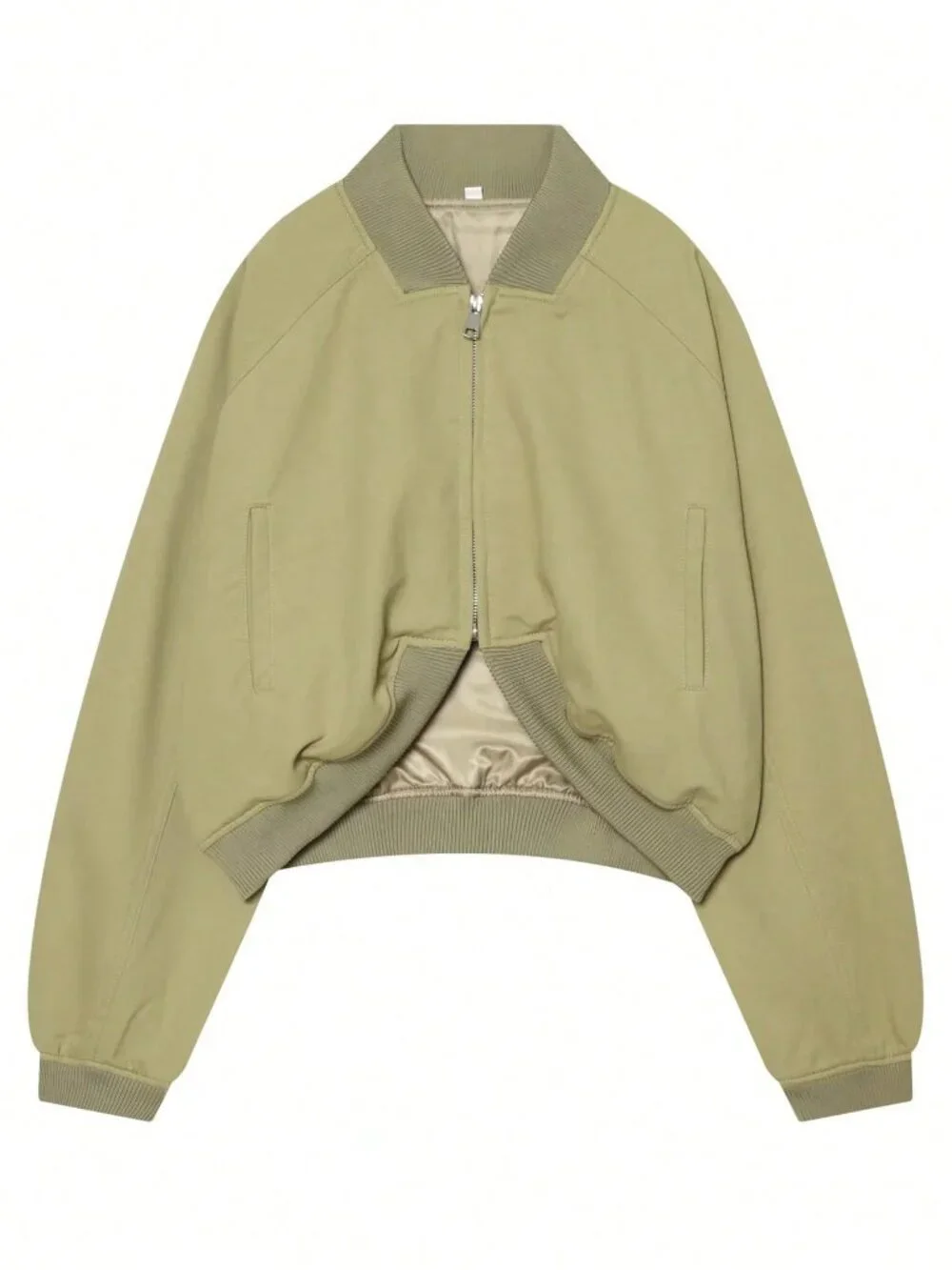 Green Casual Women's Short Loose Zip-Up Bomber Jacket